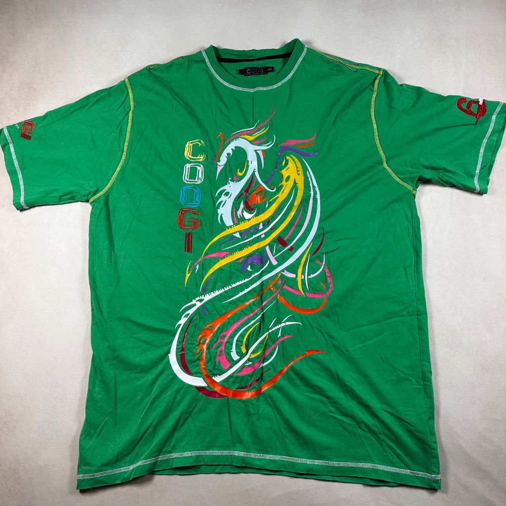 COOGI Mens XXXL Green Dragon Embroidered Graphic T Shirt Hip Hop Y2K 3XL
